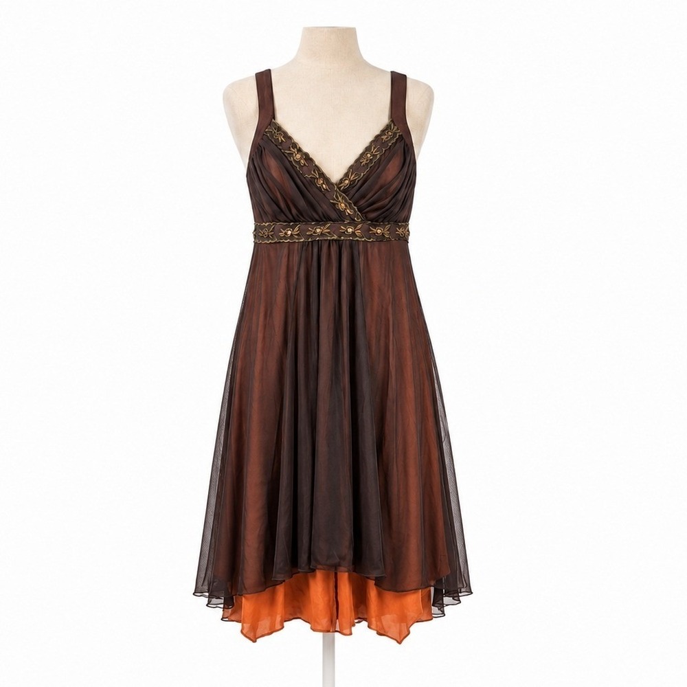 Vintage Y2K Beaded Mesh Babydoll Mini Dress Orange Hoco Whimsigoth Fairy Grunge